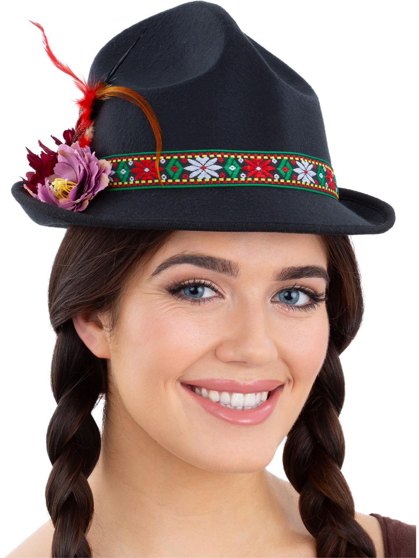 Smiffys schwarzer Dirndl-Trenkerhut mit Federn und Blumen für Erwachsene