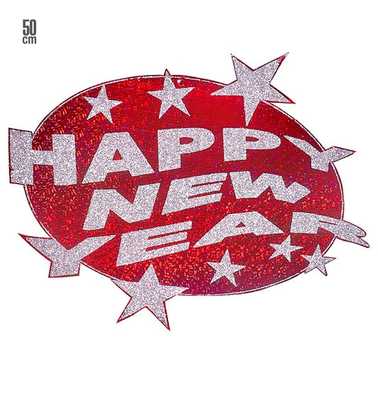 Rote holografische Wanddekoration mit Schriftzug Happy New Year und Ø 50 cm