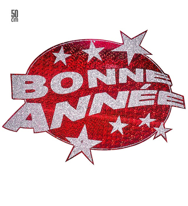 Rote holografische Wanddekoration mit Aufschrift Bonne Année Ø 50 cm