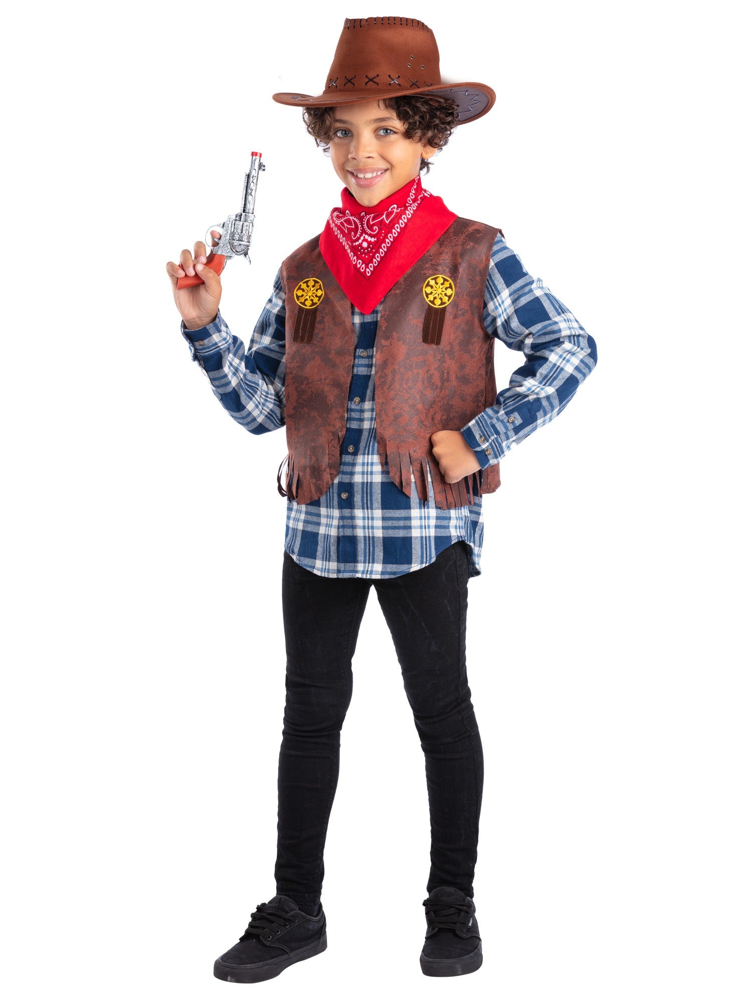 Smiffys Western-Cowboy-Kit für Kinder mit Weste, Cowboyhut und Spielzeug in Silber