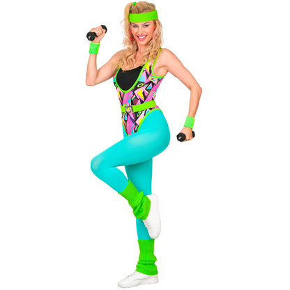 "80er Jahre AEROBIC STAR" (Body, Stumpfhose, Gürtel, Stirnband, Stulpen) – Detailansicht