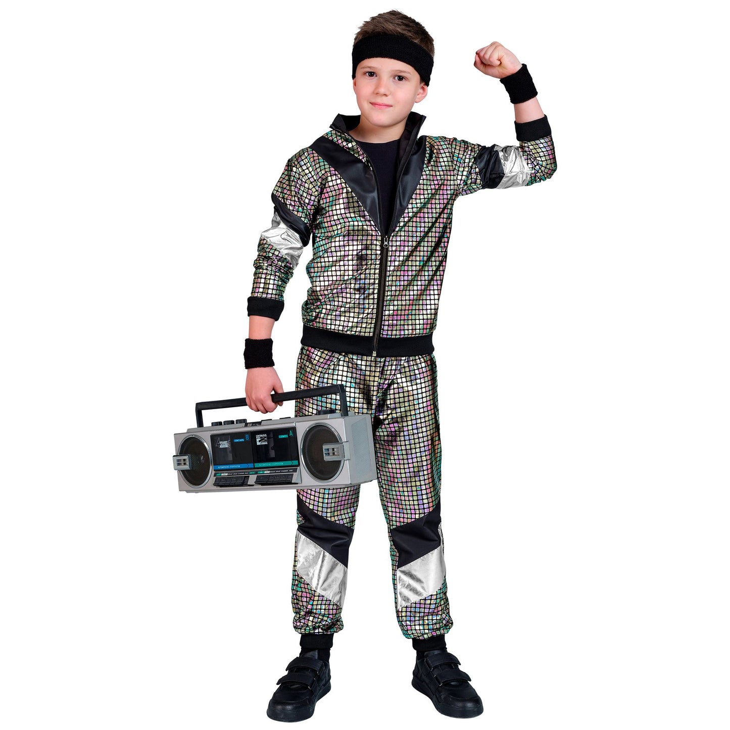 "80er JAHRE BUNTER REFLEKTIERENDER TRAININGSANZUG" (Oberteil, Hose) – Detailansicht