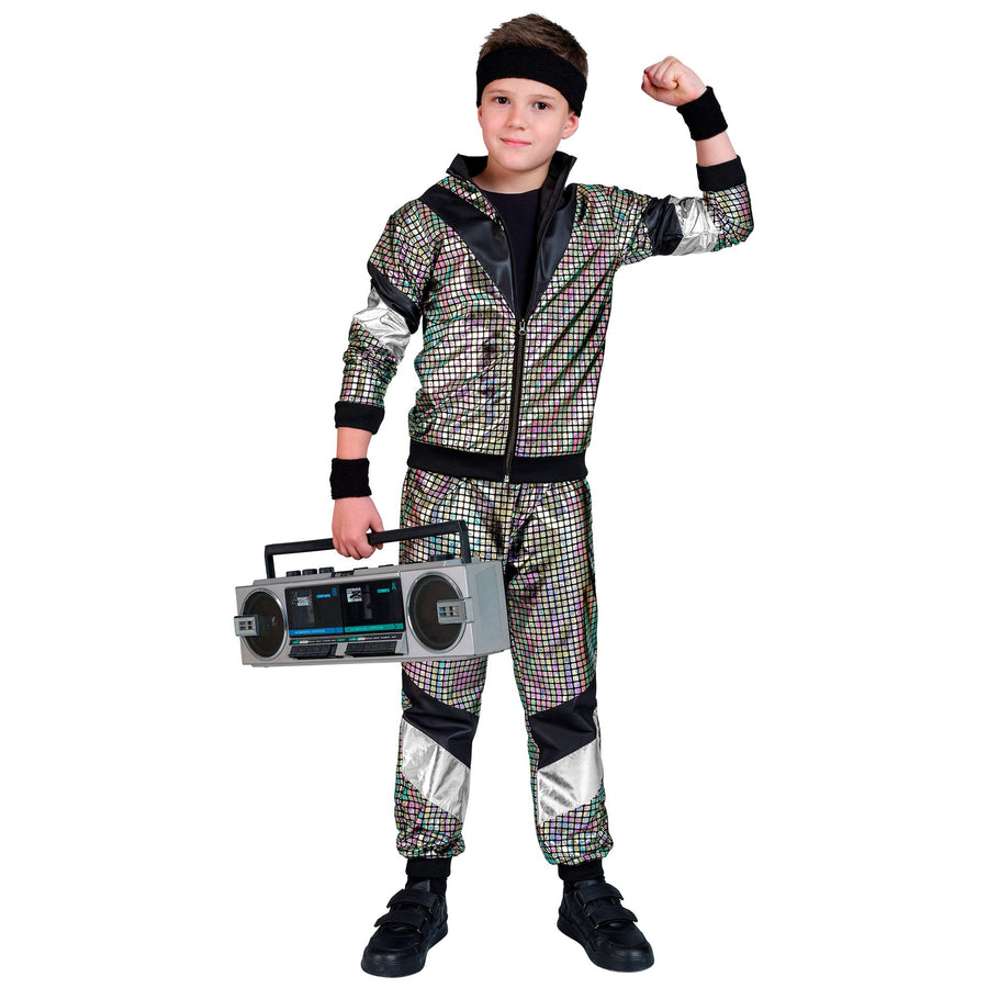 "80er JAHRE BUNTER REFLEKTIERENDER TRAININGSANZUG" (Oberteil, Hose) – Detailansicht