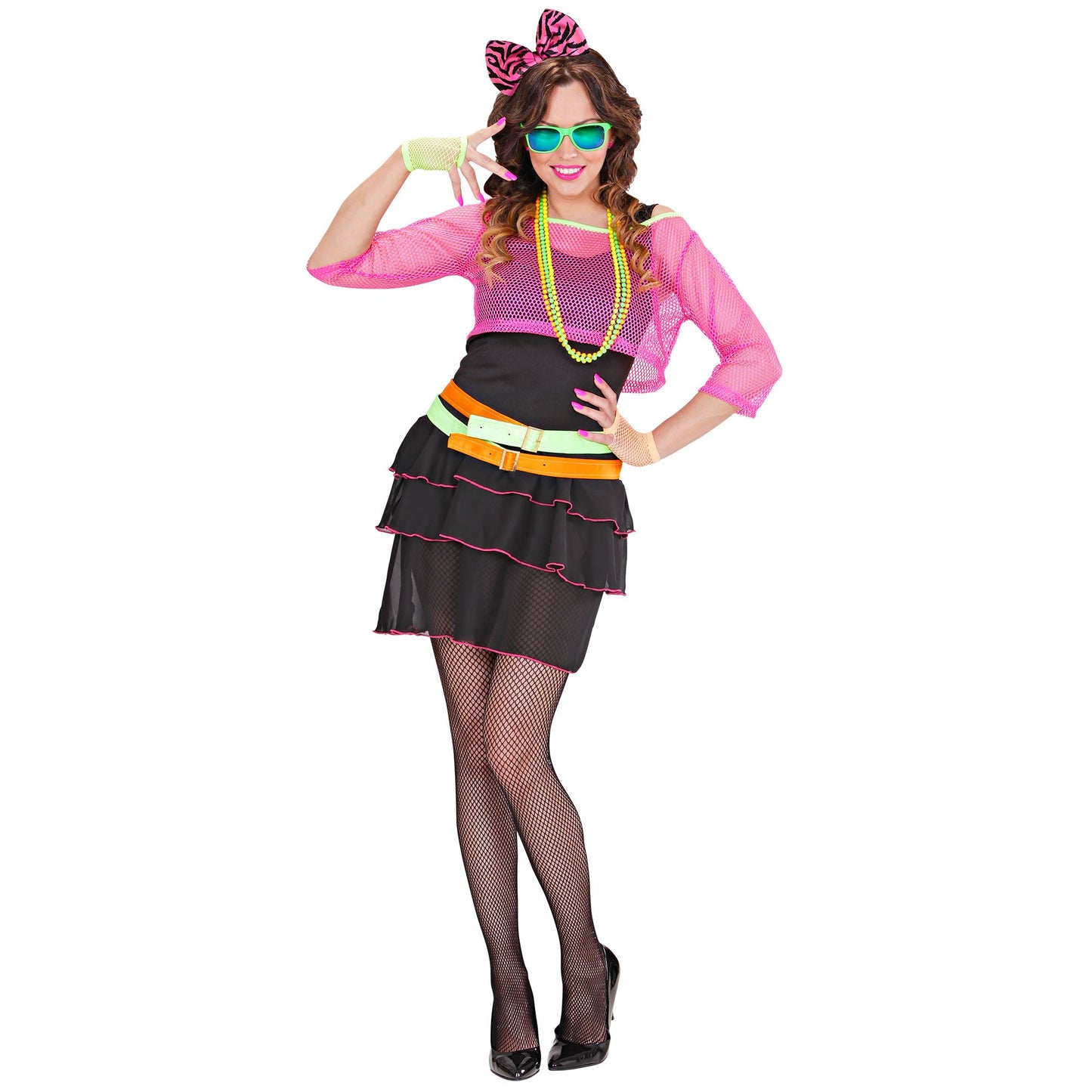 "80er JAHRE GROUPIE GIRL" (Kleid, Netztop, Guertel, Haarreif mit Schleife) – Detailansicht