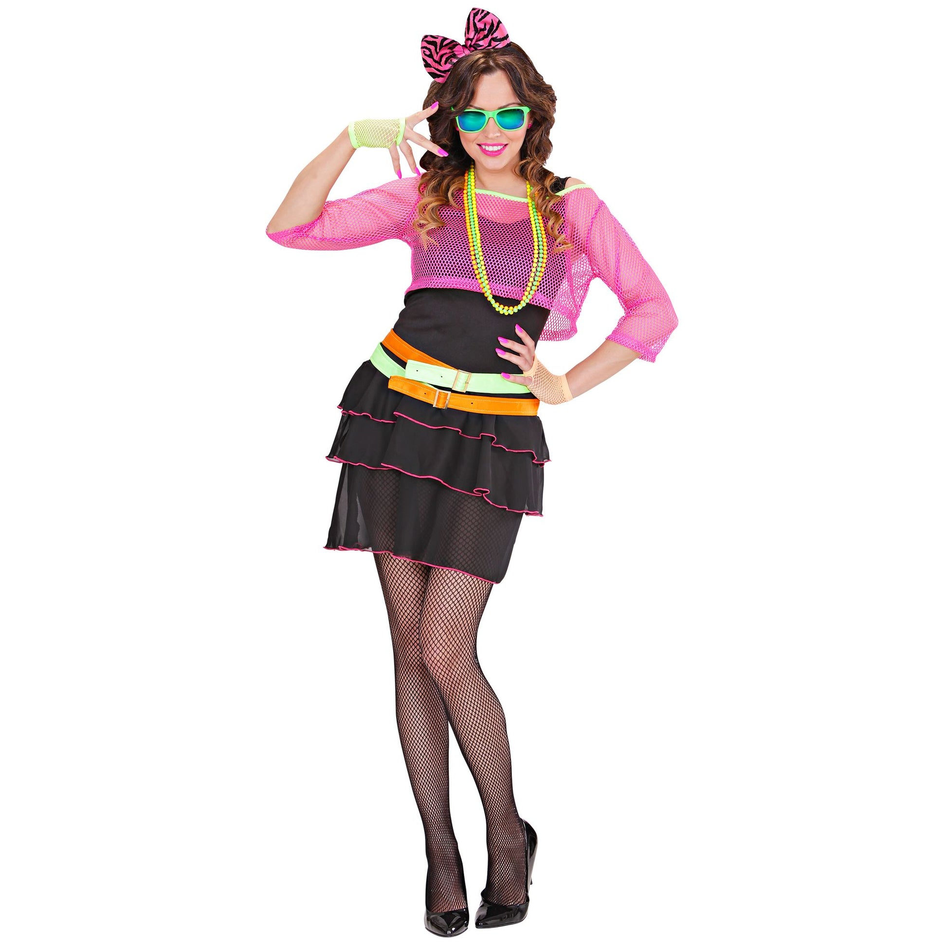 "80er JAHRE GROUPIE GIRL" (Kleid, Netztop, Guertel, Haarreif mit Schleife) – Detailansicht
