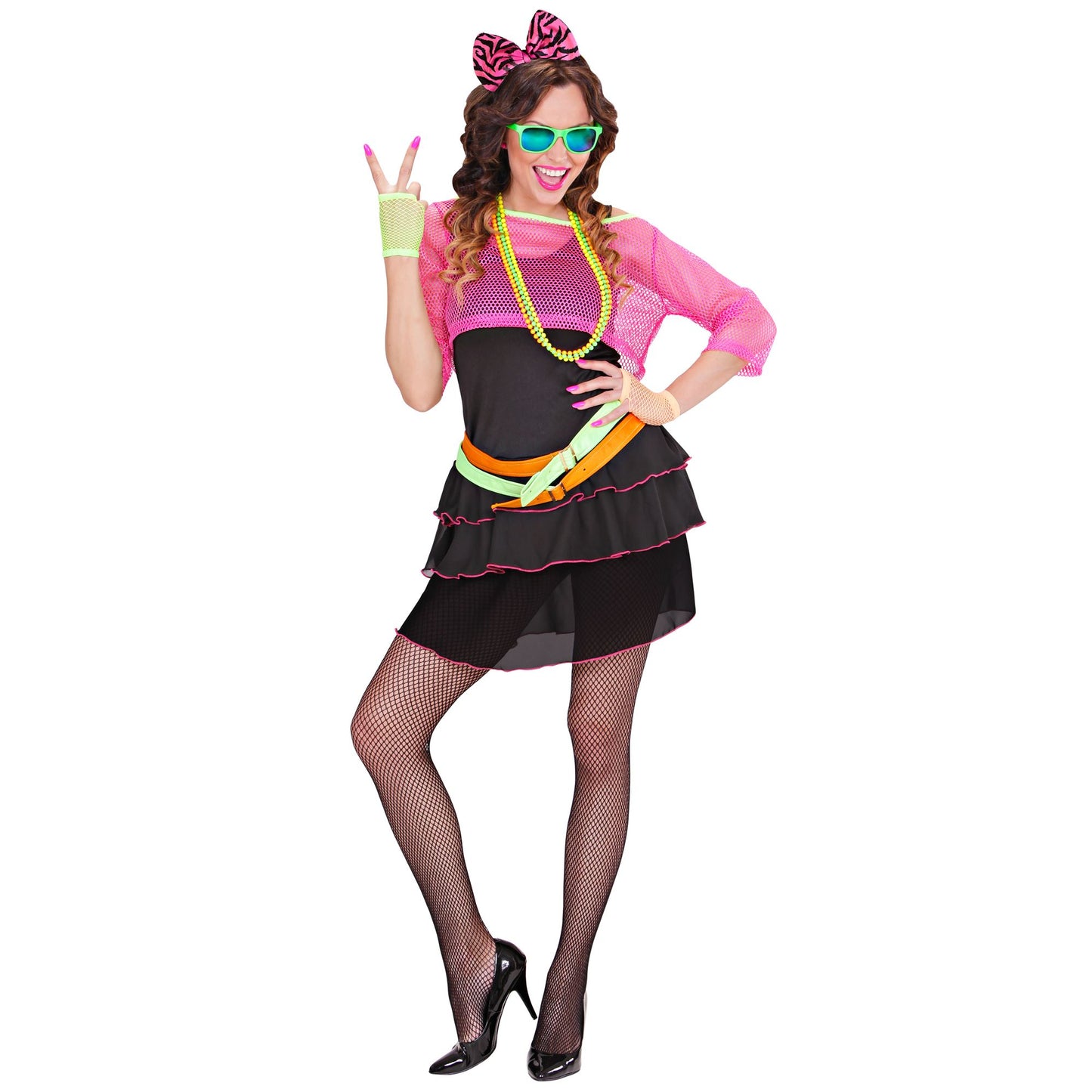 "80er JAHRE GROUPIE GIRL" (Kleid, Netztop, Guertel, Haarreif mit Schleife) – Ansicht 3