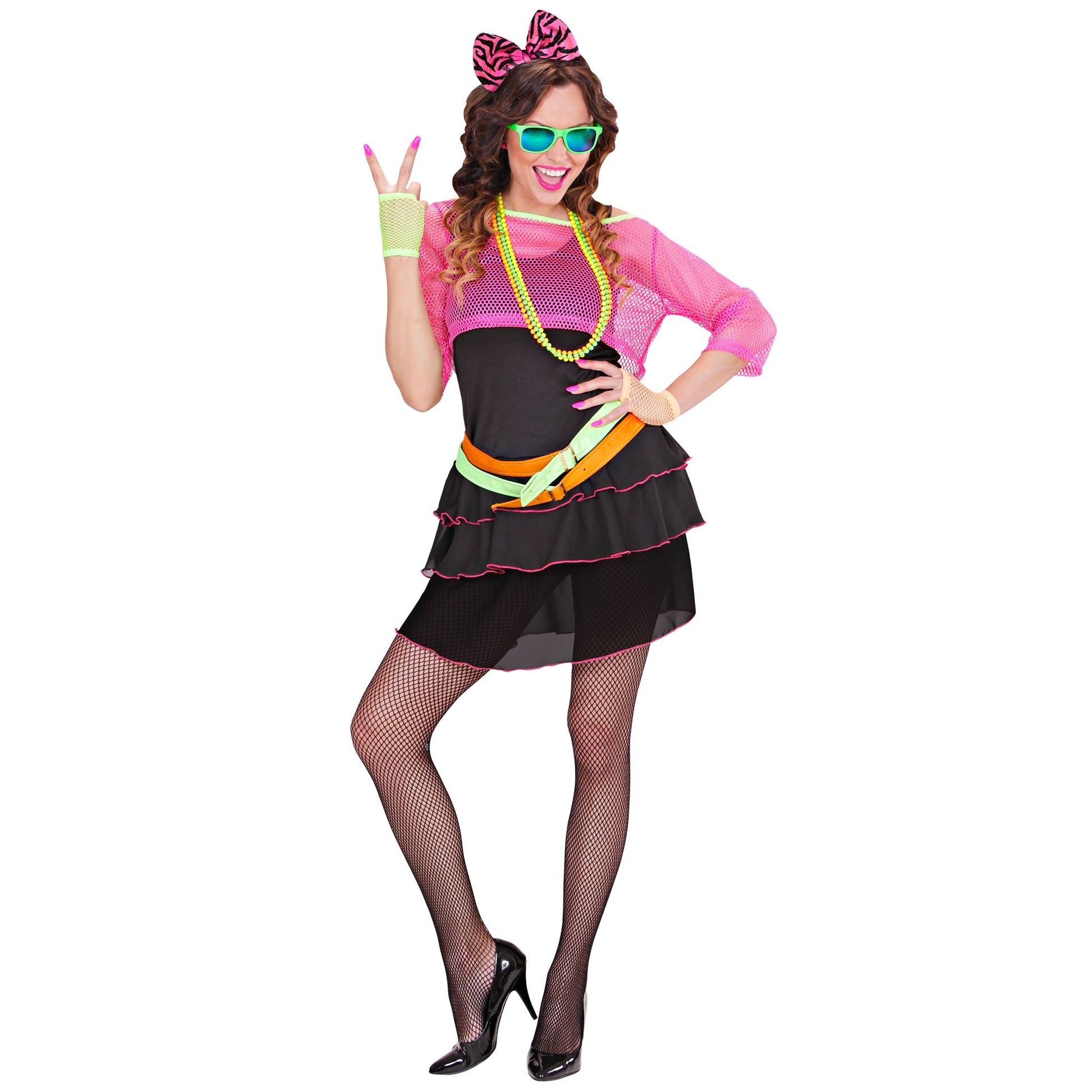 "80er JAHRE GROUPIE GIRL" (Kleid, Netztop, Guertel, Haarreif mit Schleife) – Ansicht 3