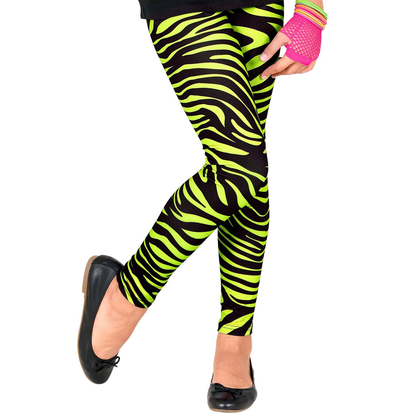 "80er JAHRE LEGGINGS NEON GRÜN TIGERPRINT" – Vorderansicht