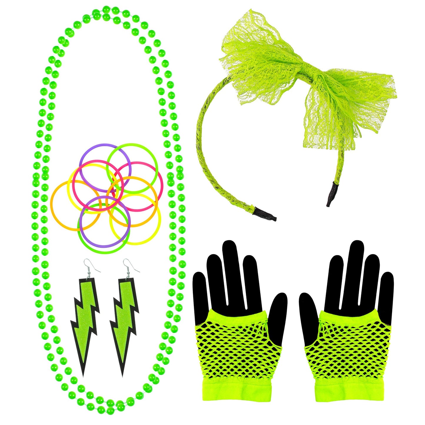 "80er JAHRE MODE ACCESSOIRES NEON GRÜN" (Haarreif mit Schleife aus Spitze, 2 Perlenketten, Paar Ohrringe, Paar fingerlose Netzhandschuhe, 10 Armbänder) – Vorderansicht