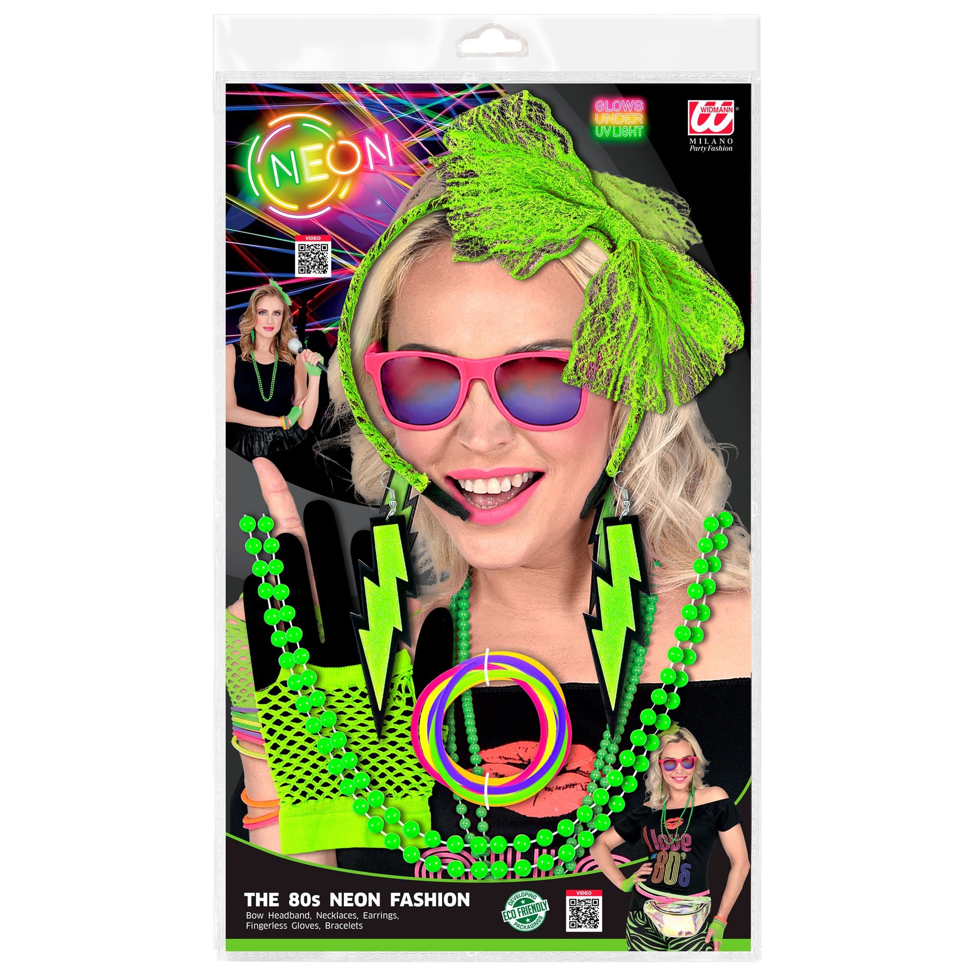 "80er JAHRE MODE ACCESSOIRES NEON GRÜN" (Haarreif mit Schleife aus Spitze, 2 Perlenketten, Paar Ohrringe, Paar fingerlose Netzhandschuhe, 10 Armbänder) – Detailansicht