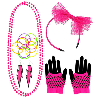 "80er JAHRE MODE ACCESSOIRES NEON PINK" (Haarreif mit Schleife aus Spitze, 2 Perlenketten, Paar Ohrringe, Paar fingerlose Netzhandschuhe, 10 Armbänder) – Vorderansicht