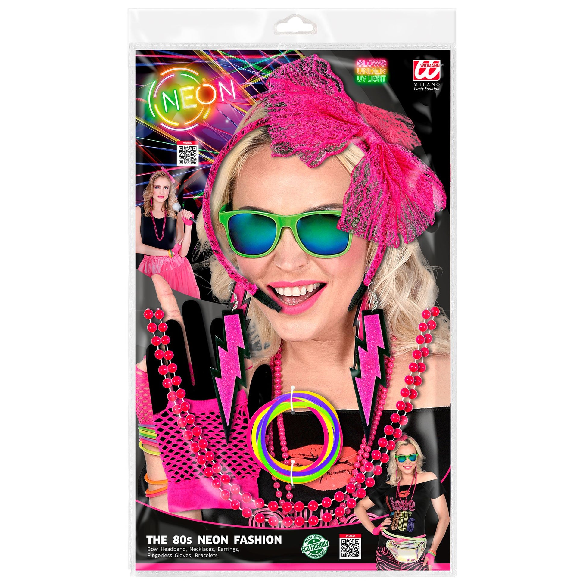 "80er JAHRE MODE ACCESSOIRES NEON PINK" (Haarreif mit Schleife aus Spitze, 2 Perlenketten, Paar Ohrringe, Paar fingerlose Netzhandschuhe, 10 Armbänder) – Detailansicht