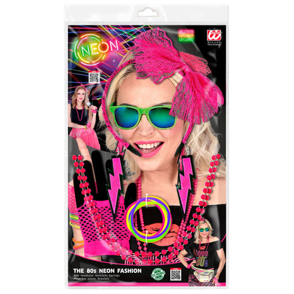 "80er JAHRE MODE ACCESSOIRES NEON PINK" (Haarreif mit Schleife aus Spitze, 2 Perlenketten, Paar Ohrringe, Paar fingerlose Netzhandschuhe, 10 Armbänder) – Detailansicht