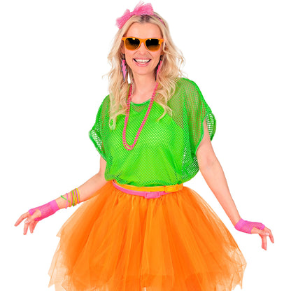 "80er JAHRE MODE ACCESSOIRES NEON PINK" (Haarreif mit Schleife aus Spitze, 2 Perlenketten, Paar Ohrringe, Paar fingerlose Netzhandschuhe, 10 Armbänder) – Ansicht 6