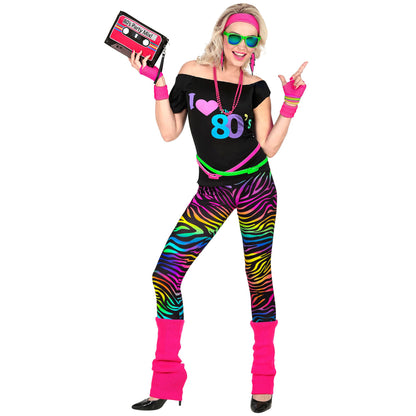 "80er JAHRE MODE" (Ärmelloses Shirt, Leggings, Beinstulpen, Stirnband, 2 Armbänder ) – Vorderansicht