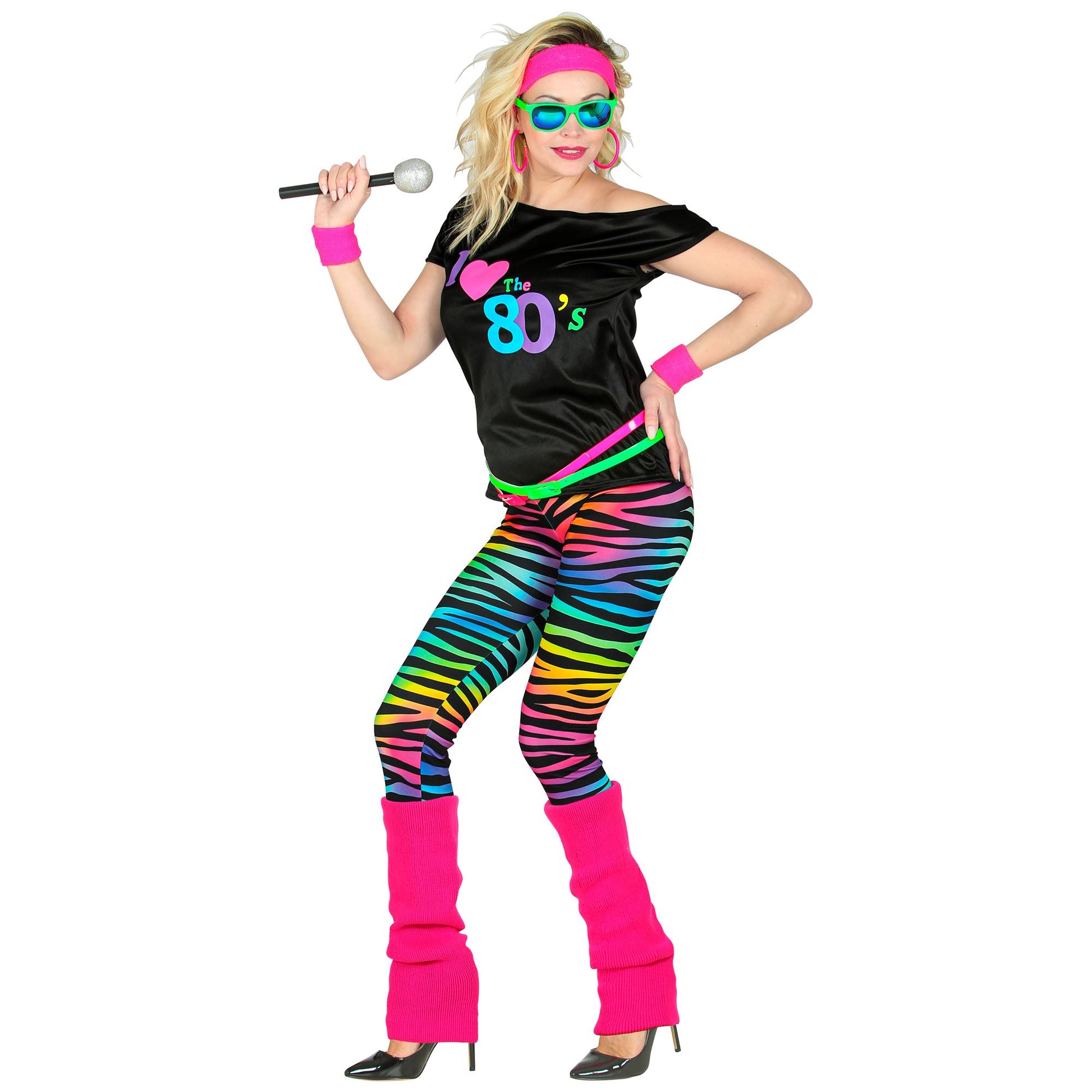 "80er JAHRE MODE" (Ärmelloses Shirt, Leggings, Beinstulpen, Stirnband, 2 Armbänder ) – Detailansicht