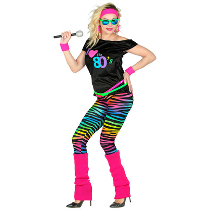 "80er JAHRE MODE" (Ärmelloses Shirt, Leggings, Beinstulpen, Stirnband, 2 Armbänder ) – Detailansicht