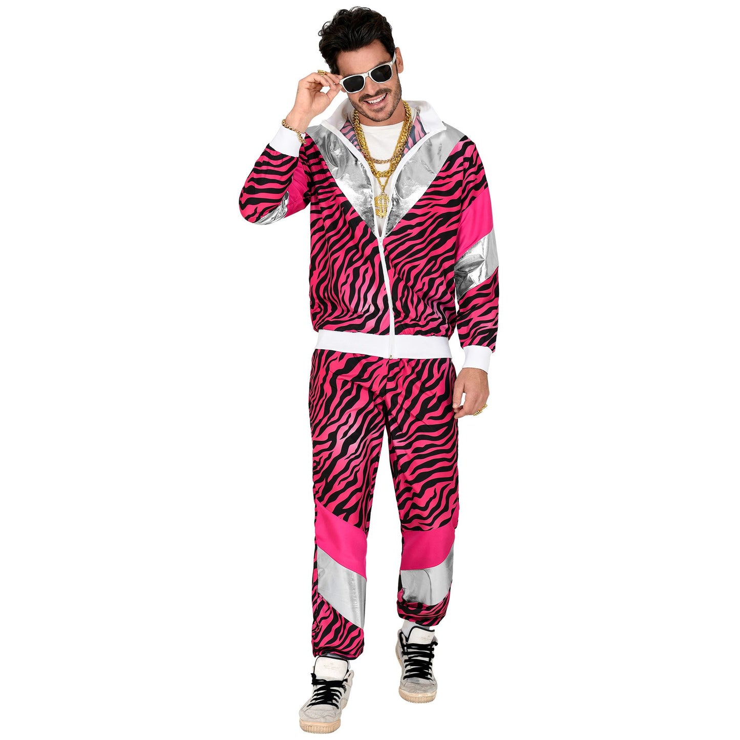 "80er JAHRE PINKER TIGERPRINT TRAININGSANZUG" (Oberteil, Hose) – Detailansicht