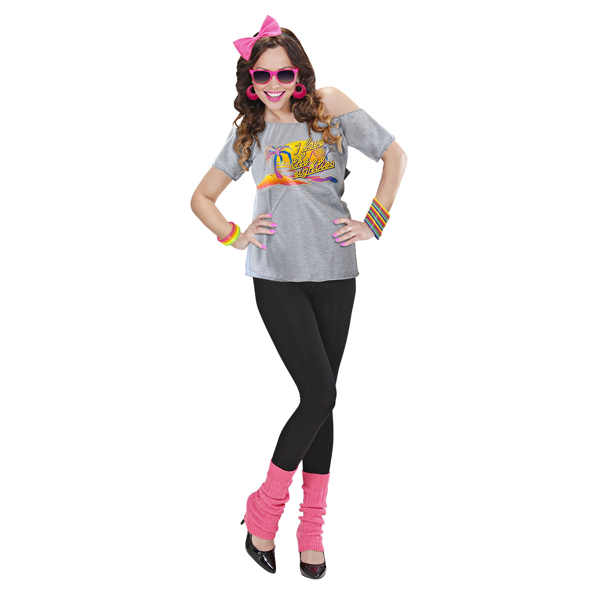 "80s BEACH GIRL" (T-shirt. Haarreif mit Schleife, Stulpen) – Vorderansicht