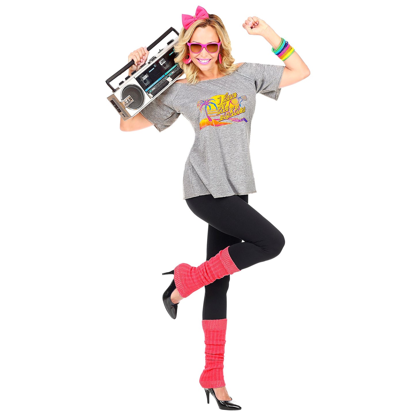 "80s BEACH GIRL" (T-shirt. Haarreif mit Schleife, Stulpen) – Detailansicht