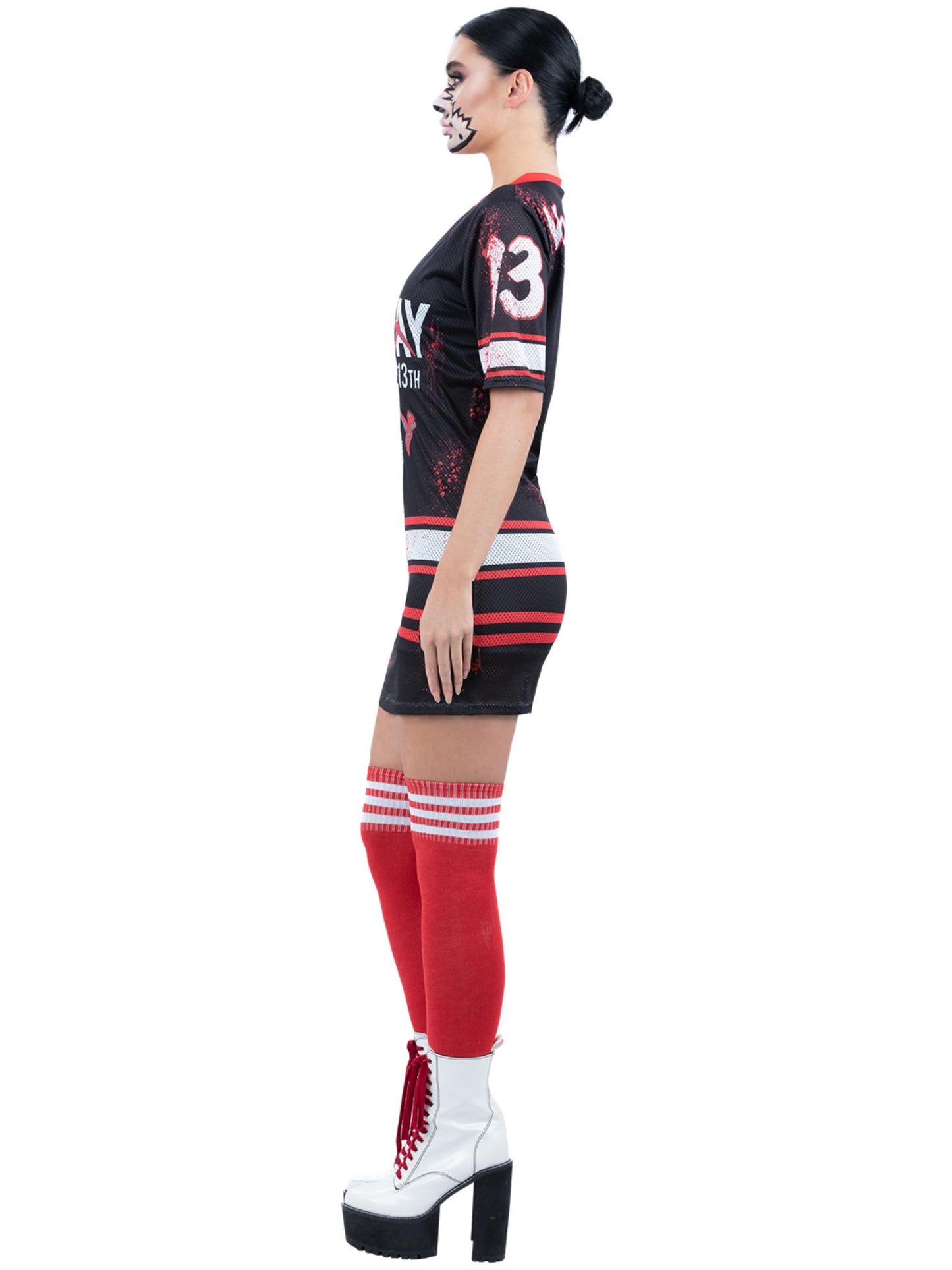 Smiffys Friday the 13th Damenkostüm mit bedrucktem rotem Hockeykleid – Seitenansicht