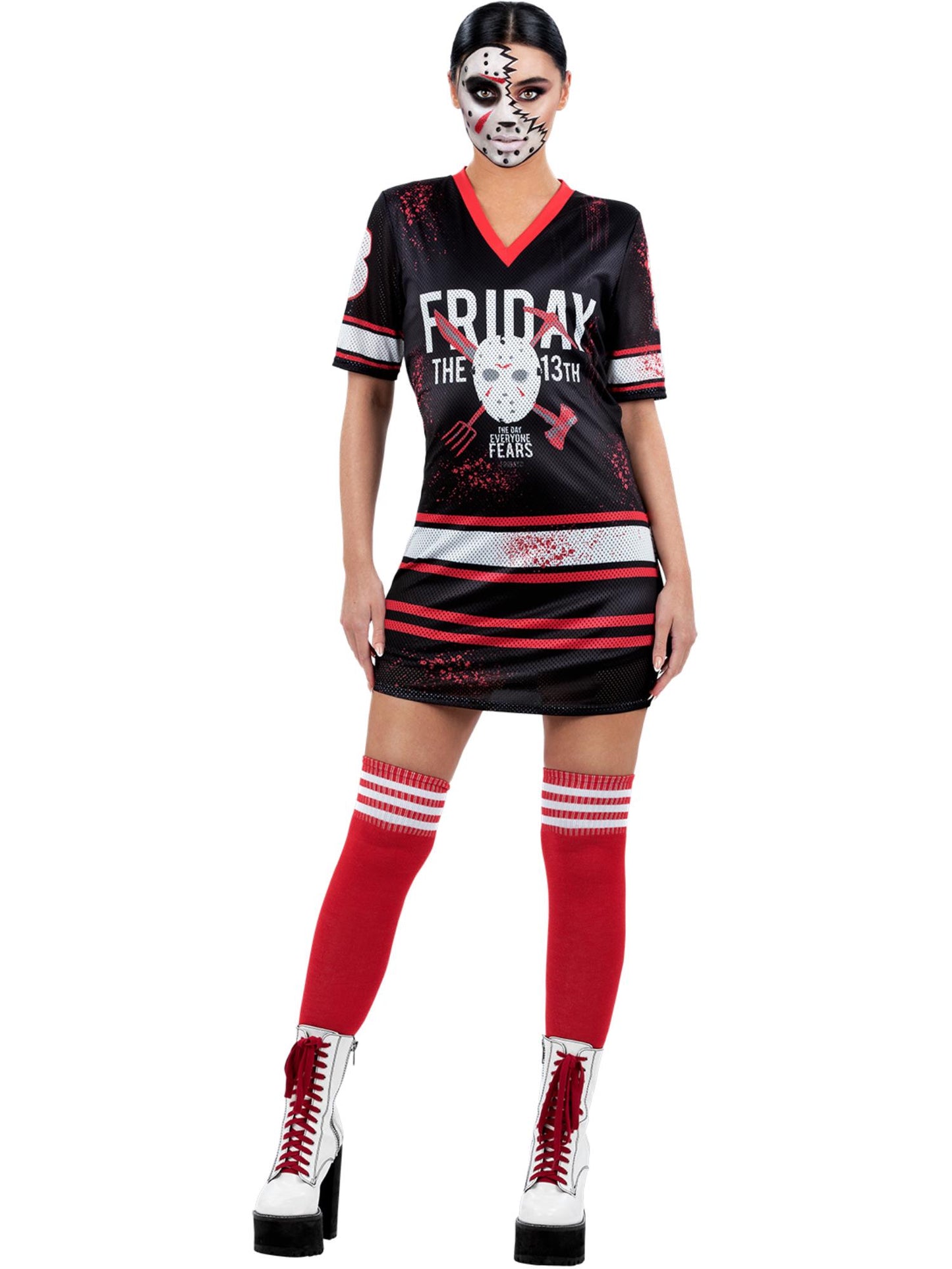 Smiffys Friday the 13th Damenkostüm mit bedrucktem rotem Hockeykleid – Produktansicht