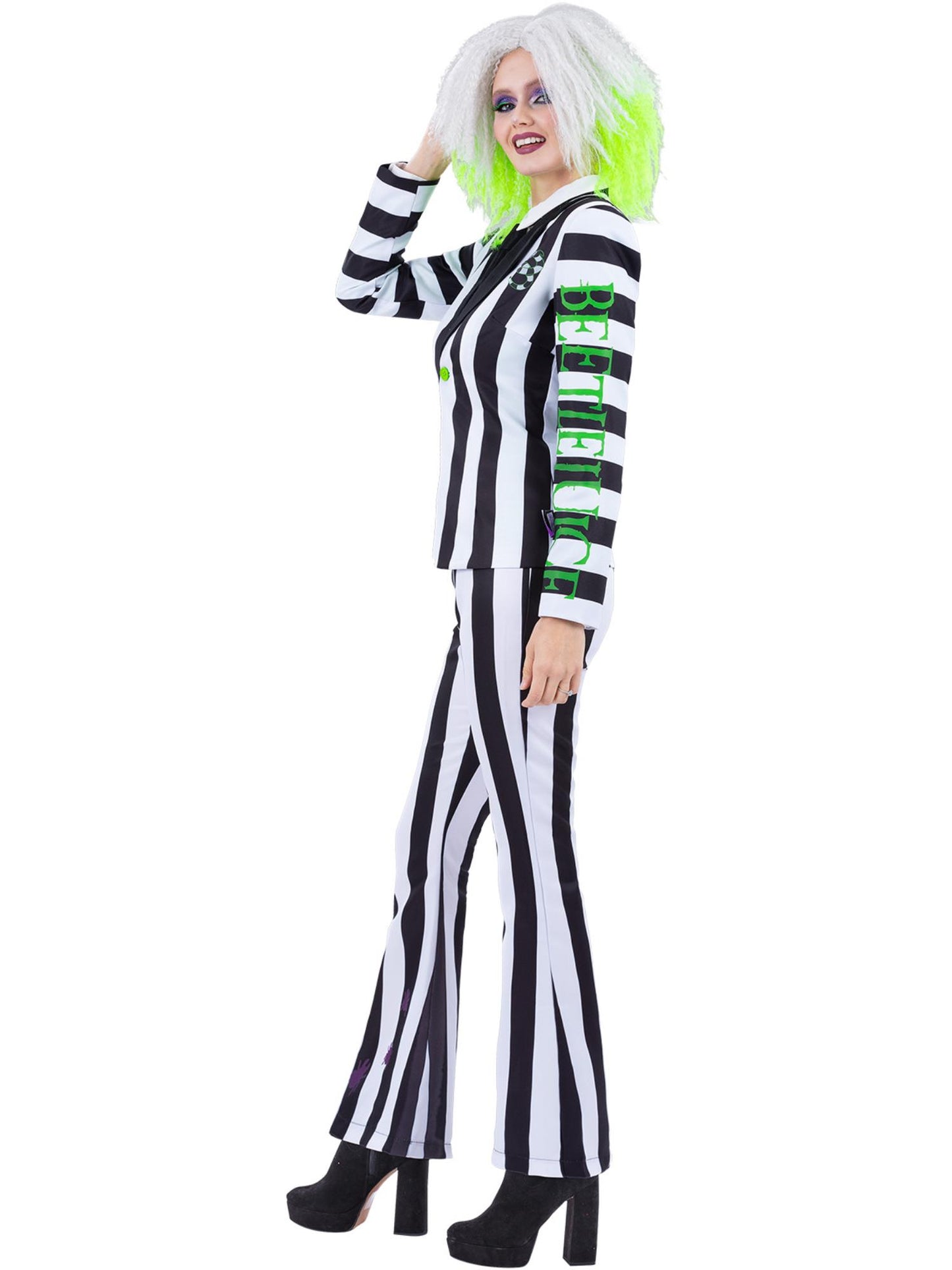 Smiffys Beetlejuice Kostüm für Damen mit Jacke Flared Hose und Krawatte – Seitenansicht