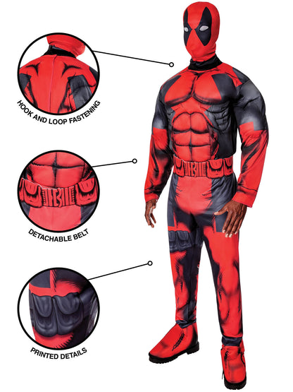 Rubies Deadpool Deluxe Kostüm für Erwachsene mit 3D-Muskelbrust-Overall und Maske – Rückansicht