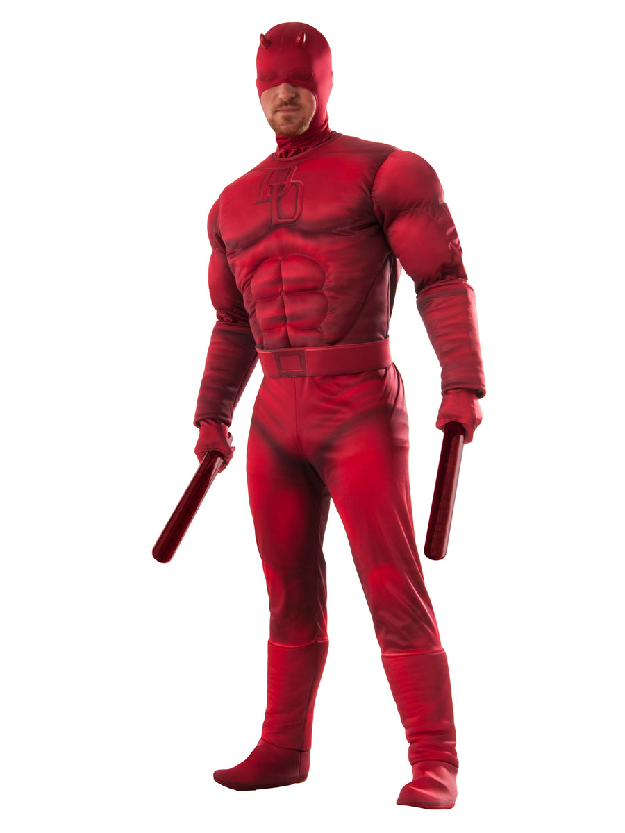 Rubies Deluxe Daredevil Kostüm für Herren mit 3D-Muskel-Overall, Boot Tops, Handschuhen und Maske – Detailansicht
