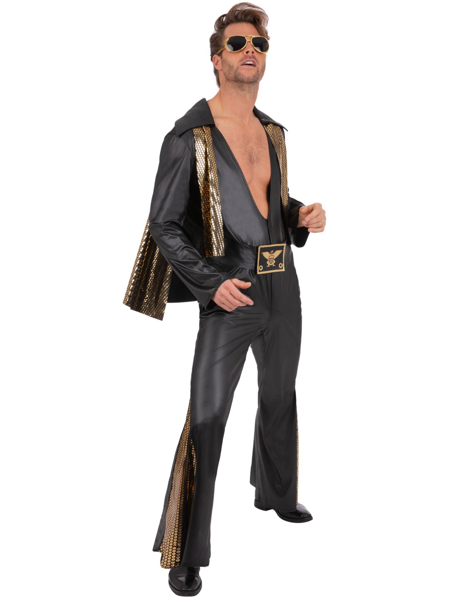 Schwarzer Smiffys Elvis-Jumpsuit für Herren mit Umhang – Produktansicht