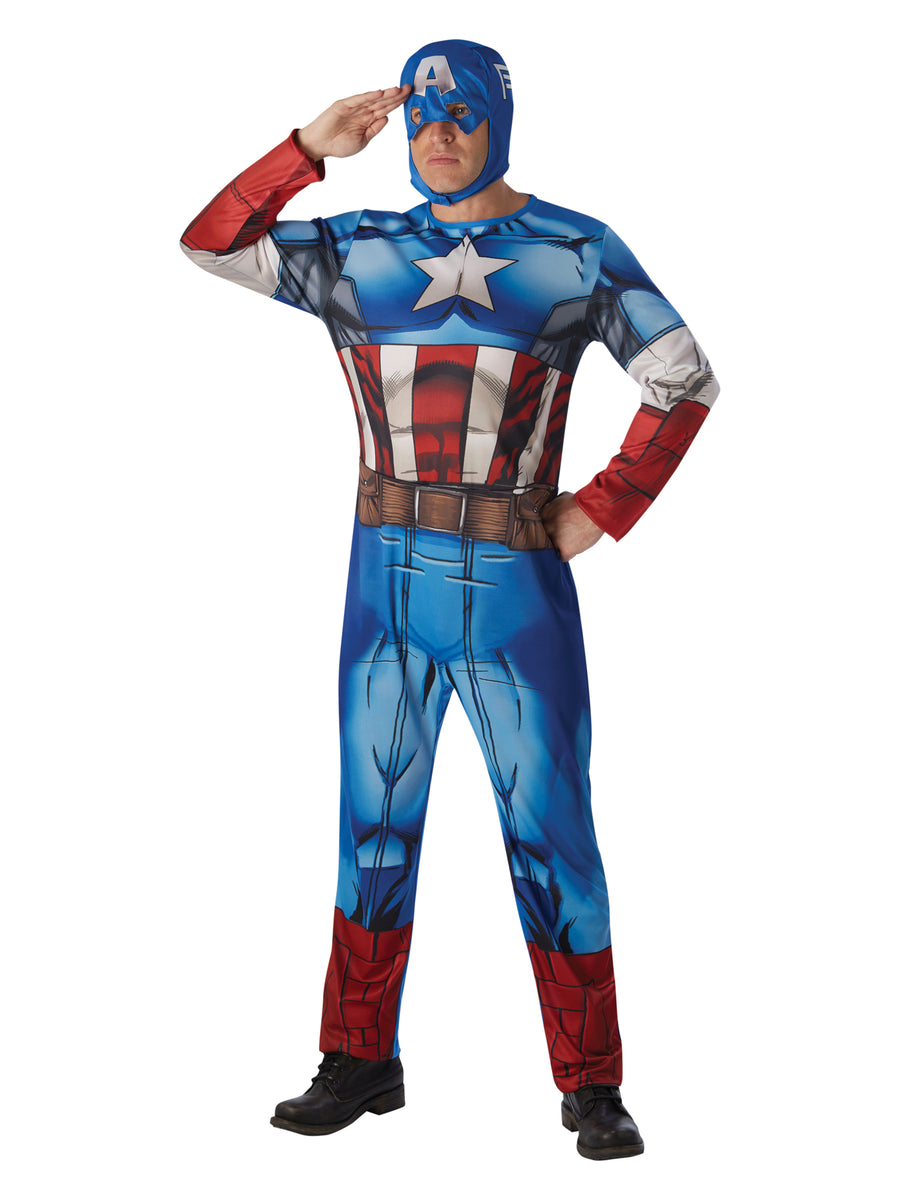 Rubies Captain America Kostüm für Herren mit bedrucktem Overall und Kapuzenmaske – Produktansicht