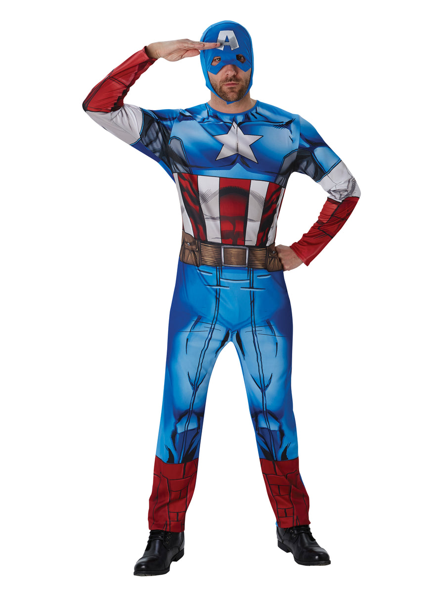 Rubies Captain America Kostüm für Herren mit bedrucktem Overall und Kapuzenmaske – Detailansicht