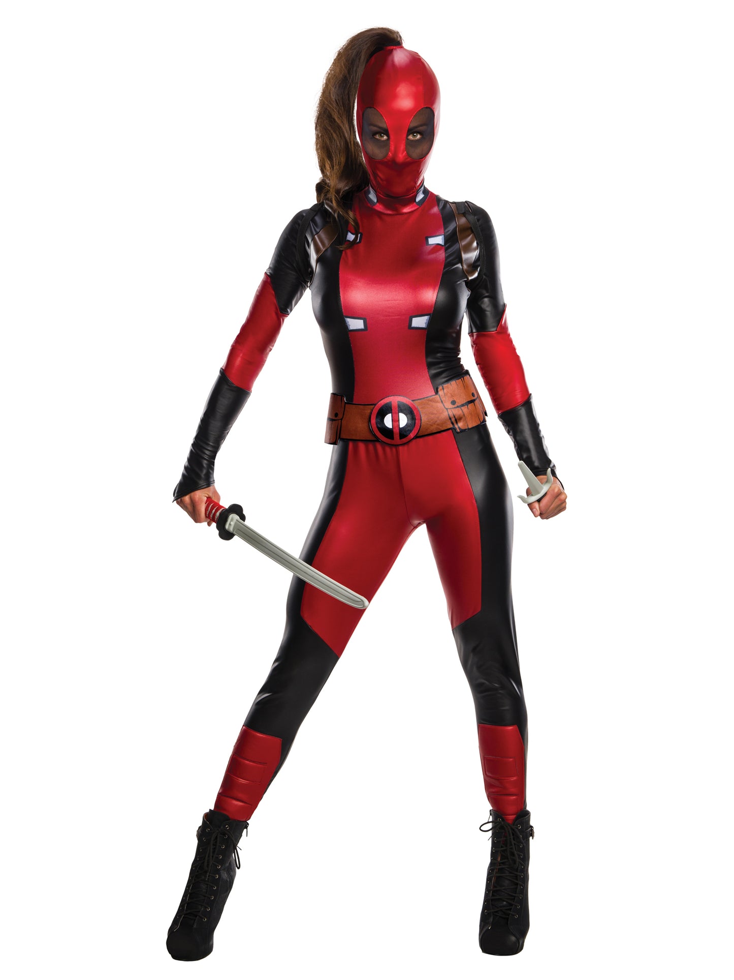 Rubies Secret Wishes Deadpool Kostüm für Damen mit Catsuit, Gürtel und Snood