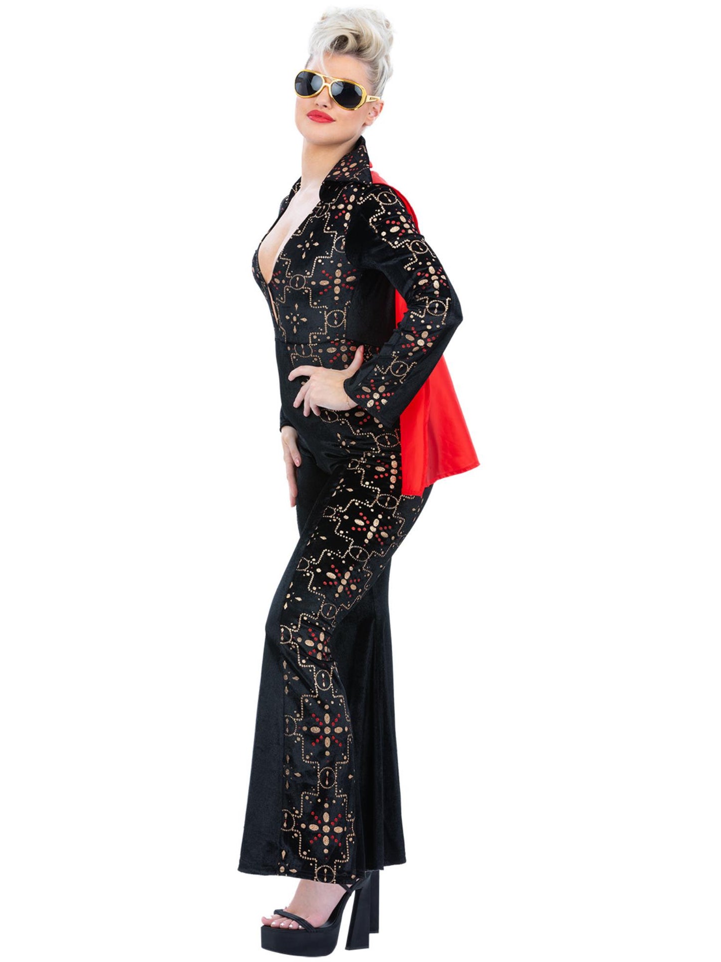 Smiffys Elvis-Kostüm für Damen in Schwarz mit Overall und Umhang – Seitenansicht