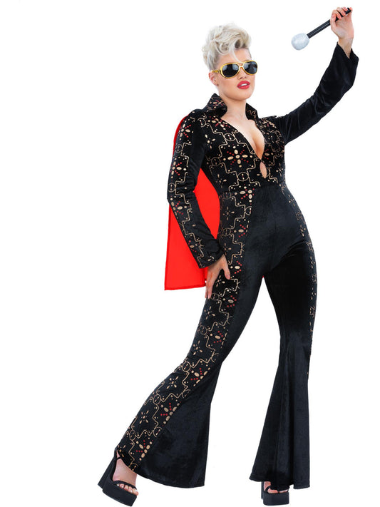 Smiffys Elvis-Kostüm für Damen in Schwarz mit Overall und Umhang – Produktansicht