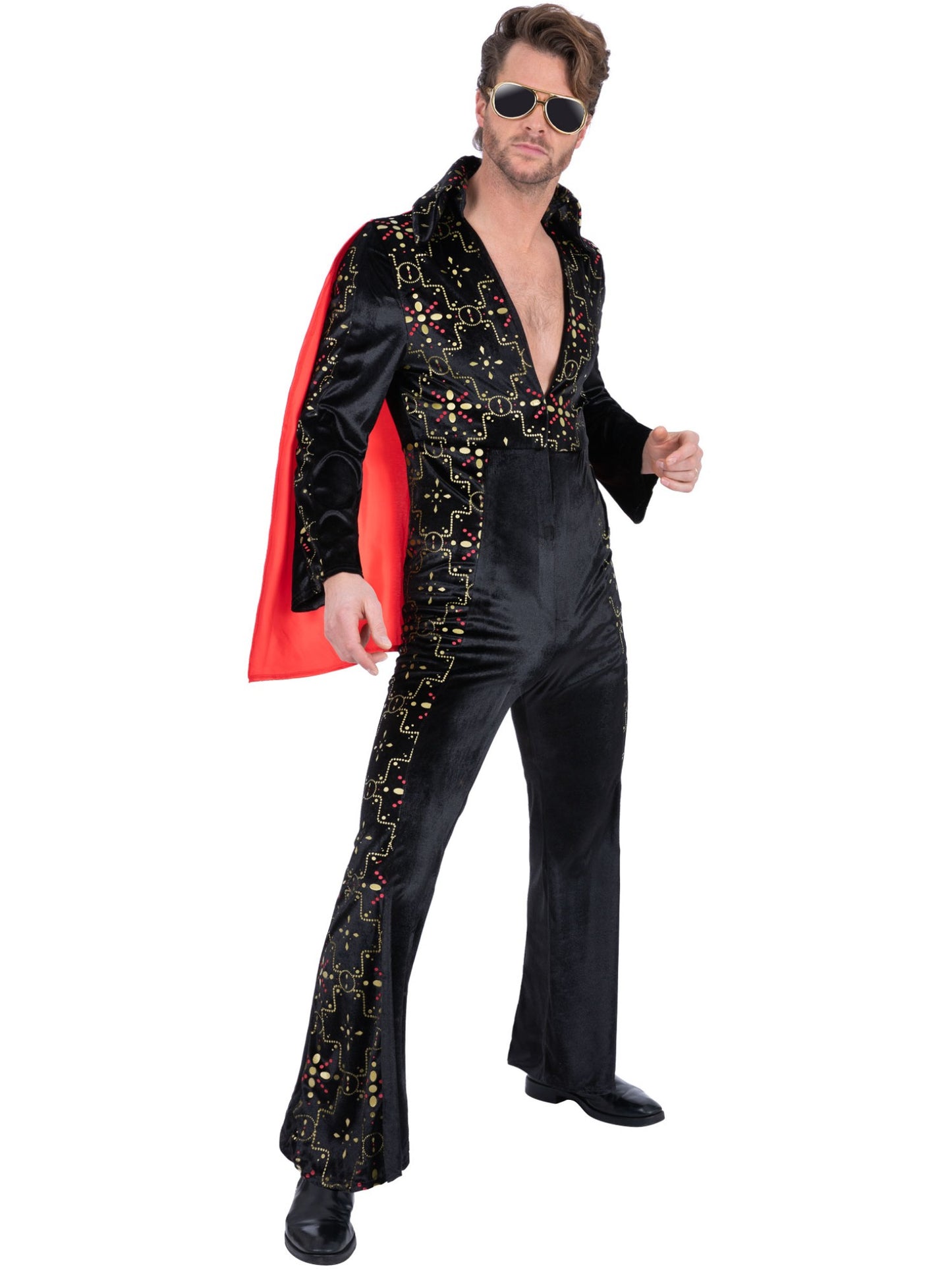 Smiffys Elvis-Kostüm für Herren in Schwarz mit Overall und Umhang – Produktansicht