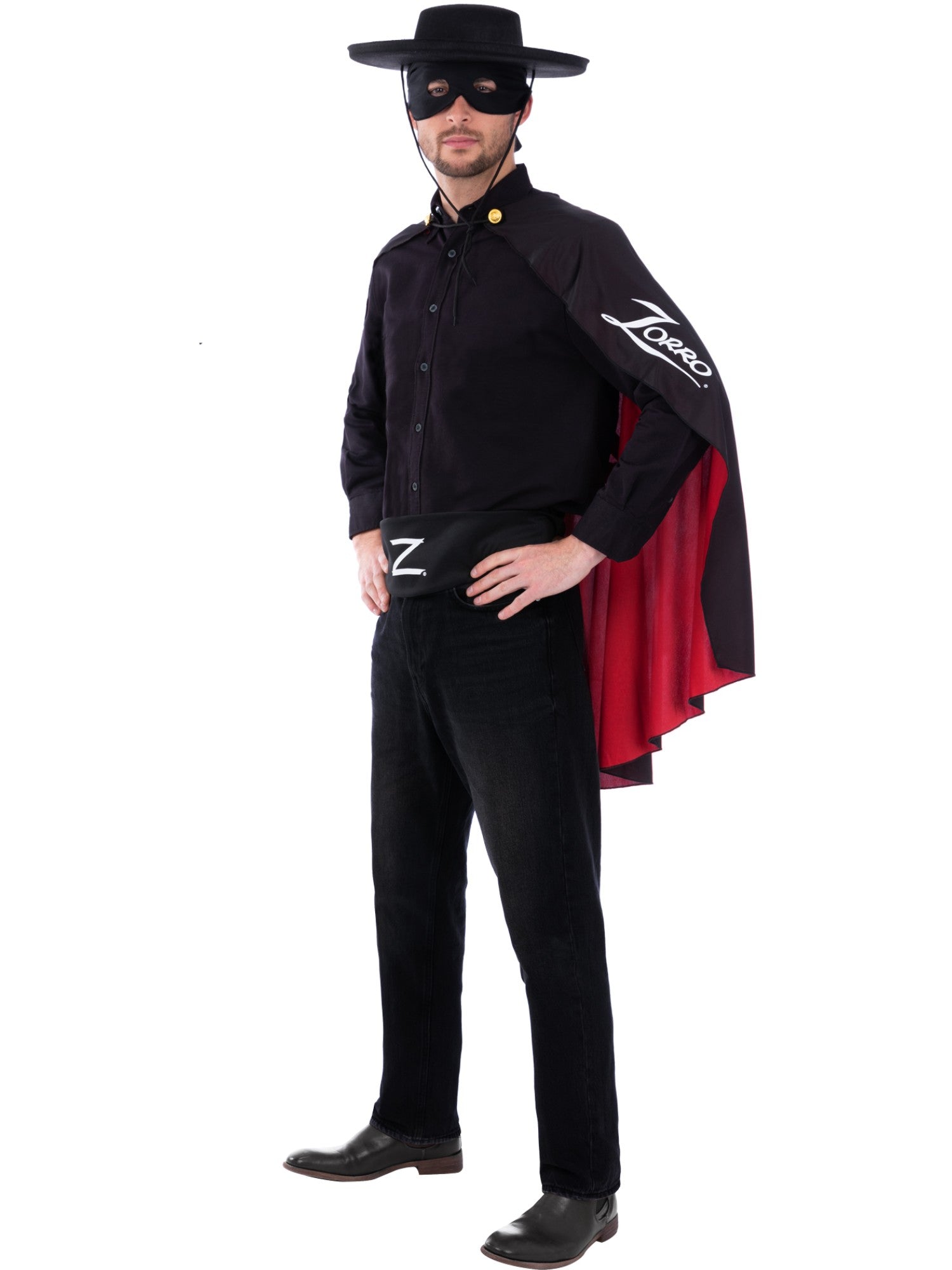 Smiffys Zorro Accessoire-Set für Erwachsene mit Umhang, Maske, Hut und Gürtel in Schwarz – Seitenansicht