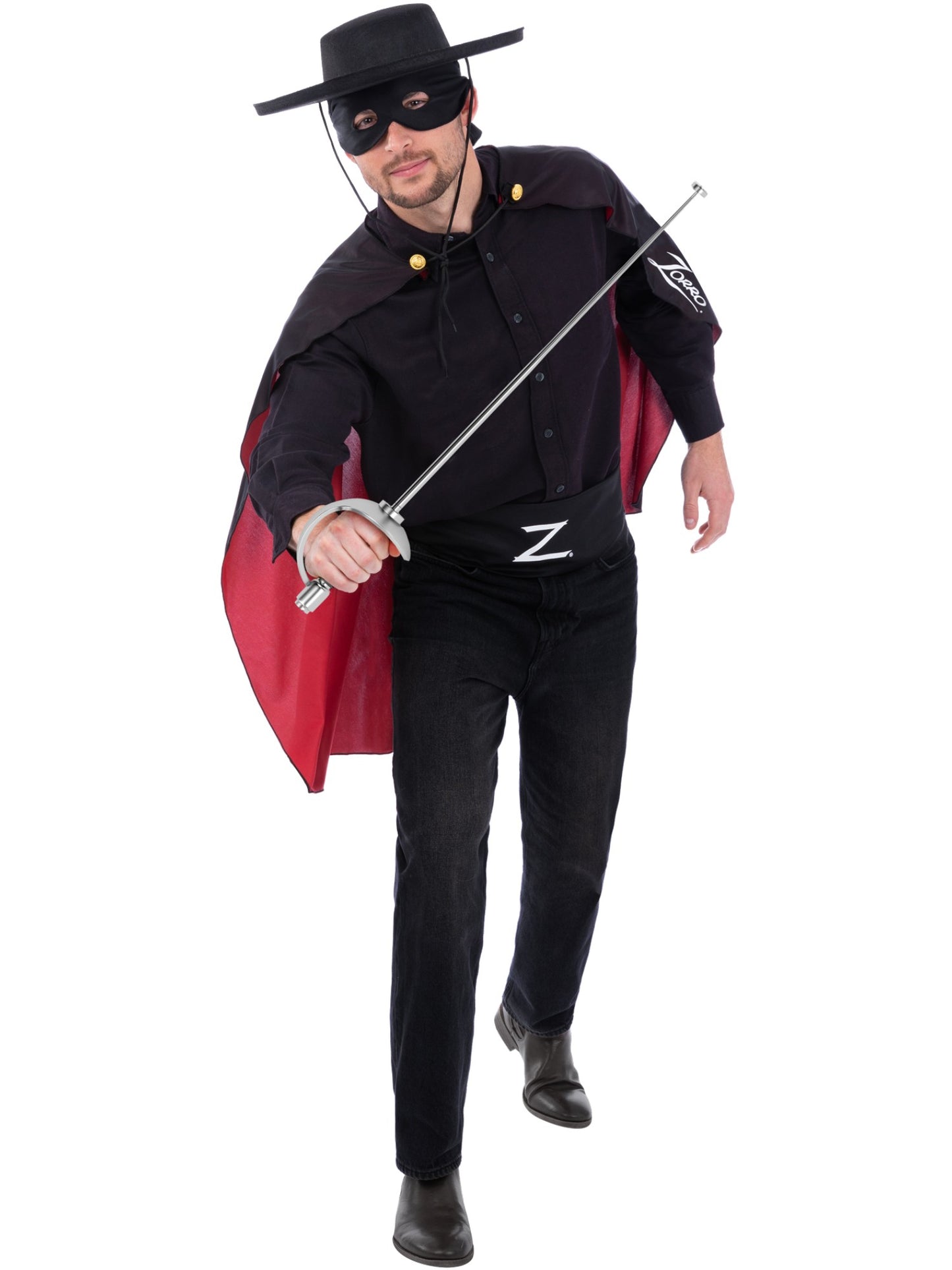Smiffys Zorro Accessoire-Set für Erwachsene mit Umhang, Maske, Hut und Gürtel in Schwarz – Produktansicht