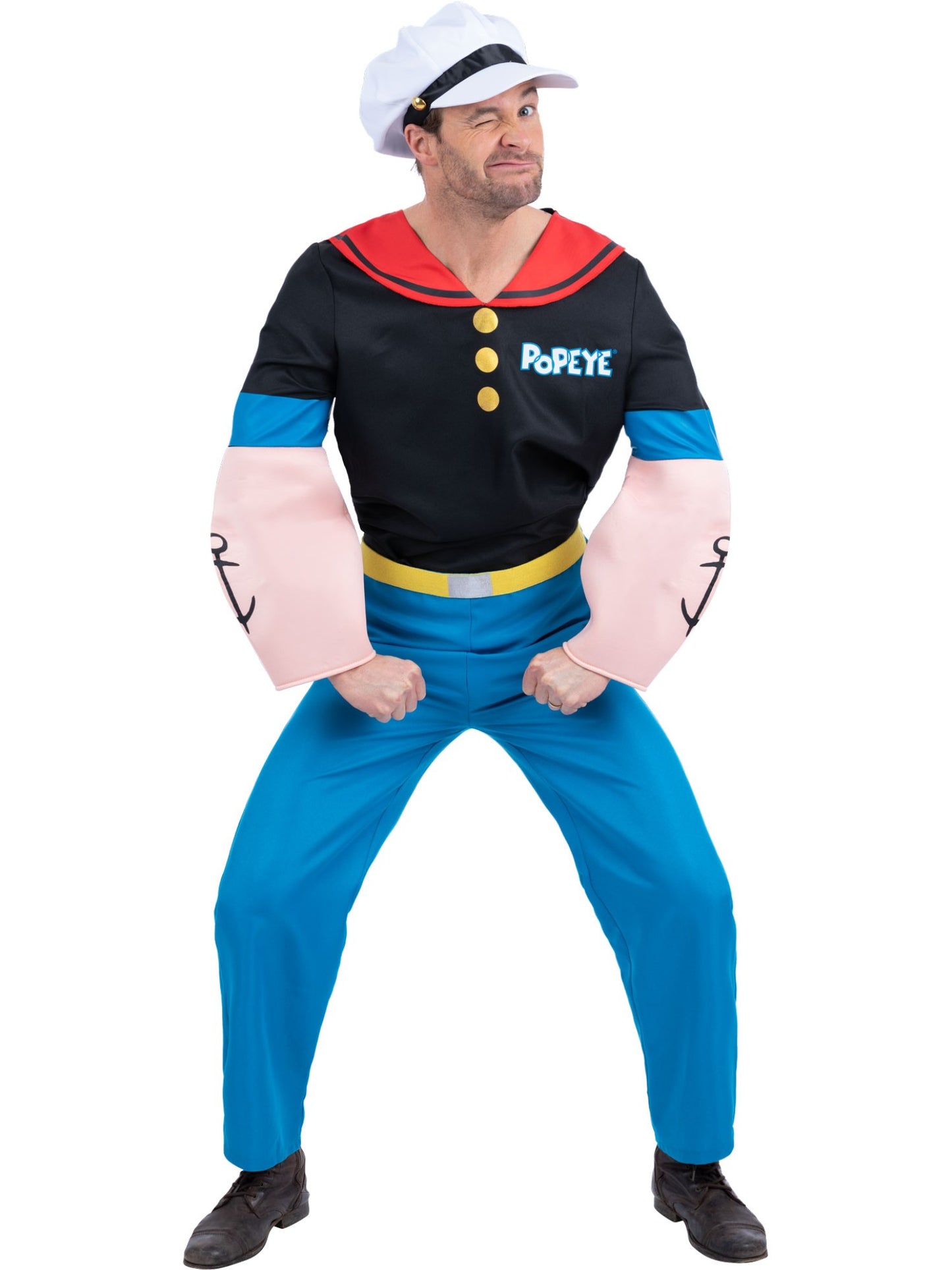 Smiffys Popeye Kostüm für Herren mit Muskelshirt, Hose und Hut – Produktansicht