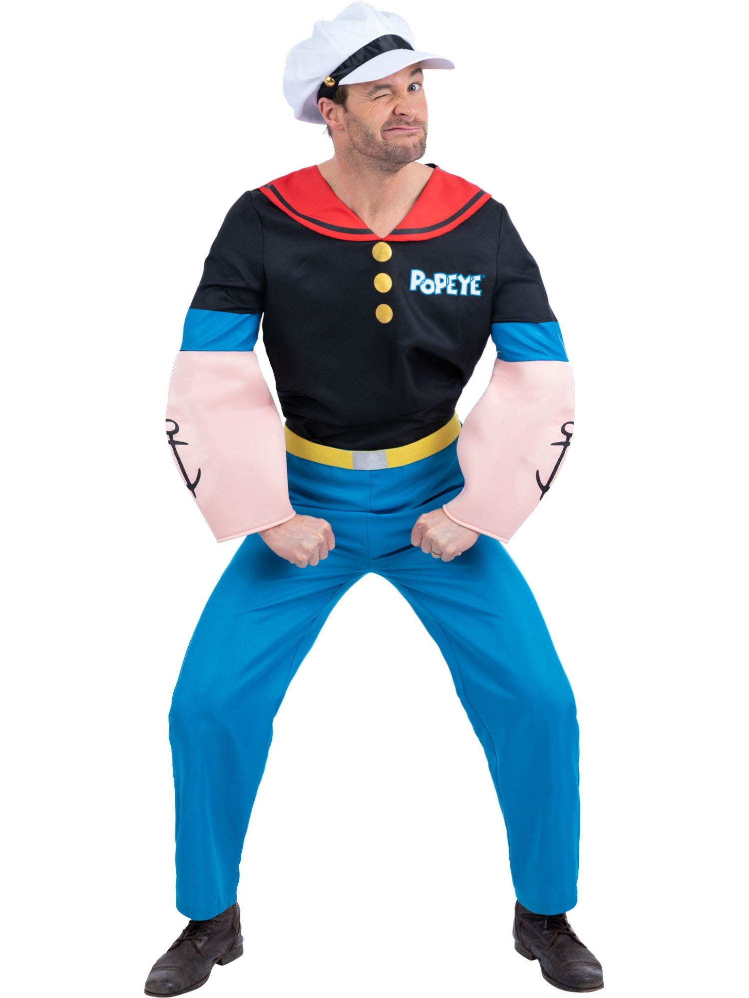 Smiffys Popeye Kostüm für Herren mit Muskelshirt, Hose und Hut – Produktansicht