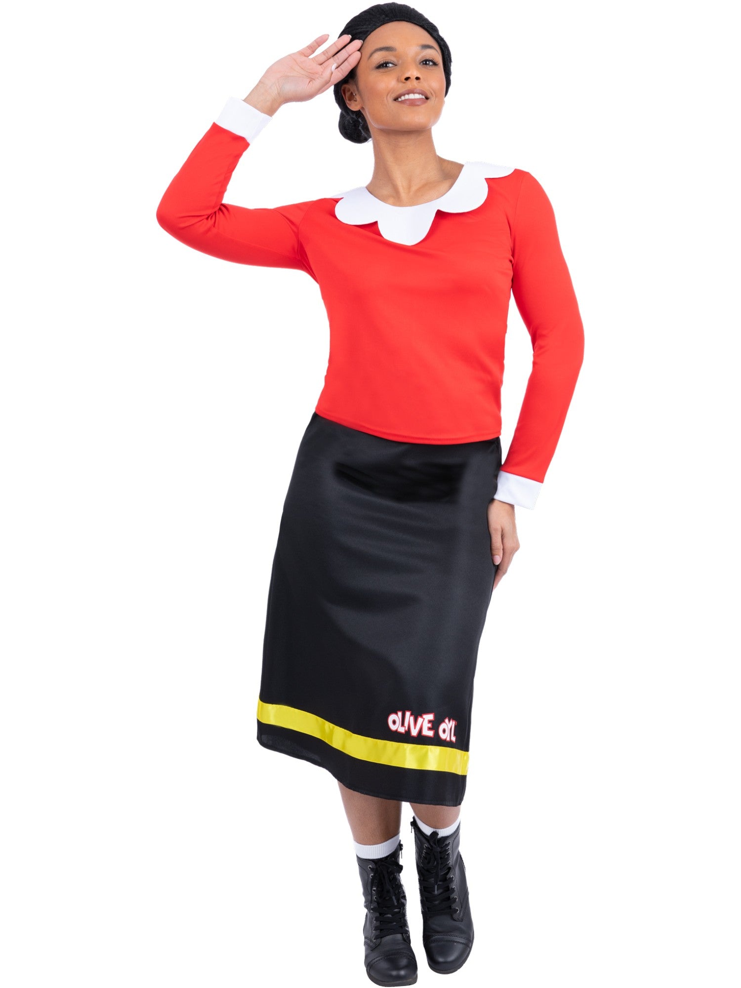 Smiffys Olive-Oyl-Kostüm für Damen mit Top, Rock und Perücke – Produktansicht