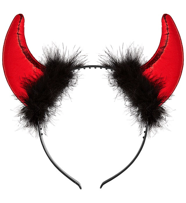 Metallic-rote Hörner mit Marabou-Federn und glänzenden Lametta-Fäden als Kostümzubehör