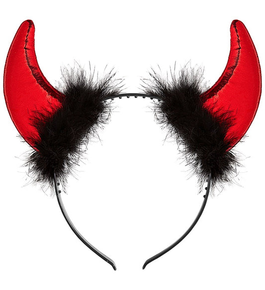 Metallic-rote Hörner mit Marabou-Federn und glänzenden Lametta-Fäden als Kostümzubehör