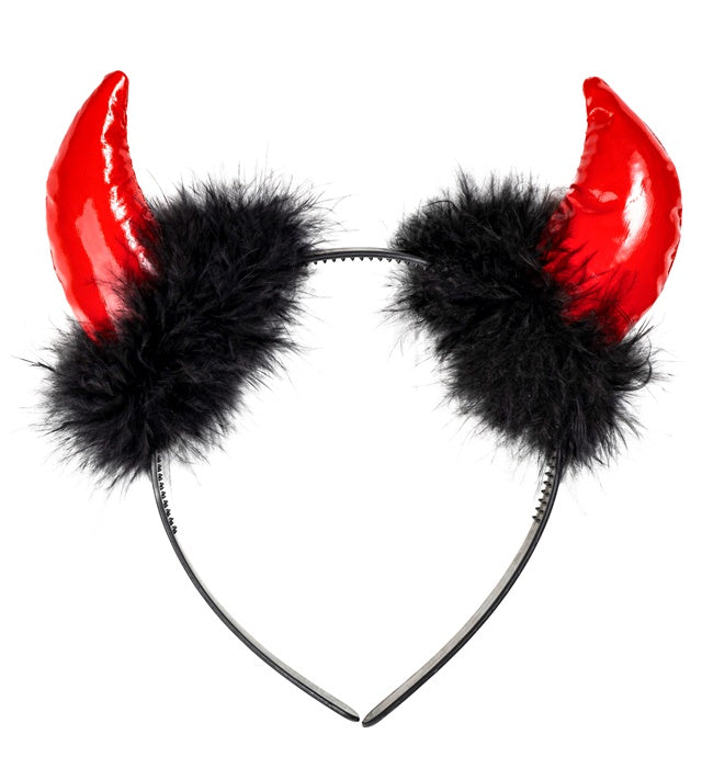 Rote Teufelshörner aus Vinyl mit weichem Marabou-Federschmuck