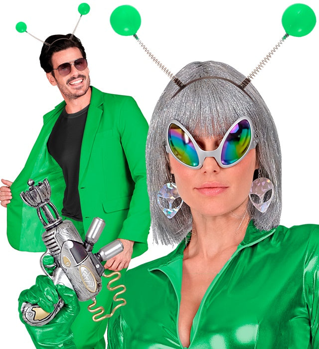 Grüner Haarreif mit zwei flexiblen Antennen für Fasnacht