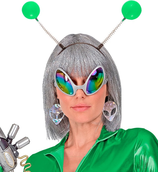 Grüner Haarreif mit zwei flexiblen Antennen für Fasnacht