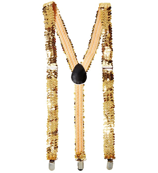 Goldene Paillettenhosenträger als funkelndes Accessoire für Fasnachtskostüme