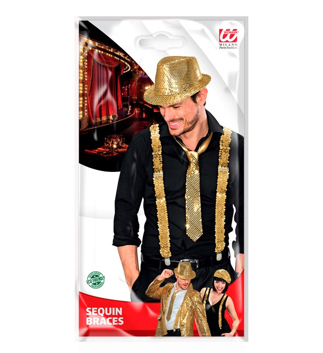 Goldene Paillettenhosenträger als funkelndes Accessoire für Fasnachtskostüme