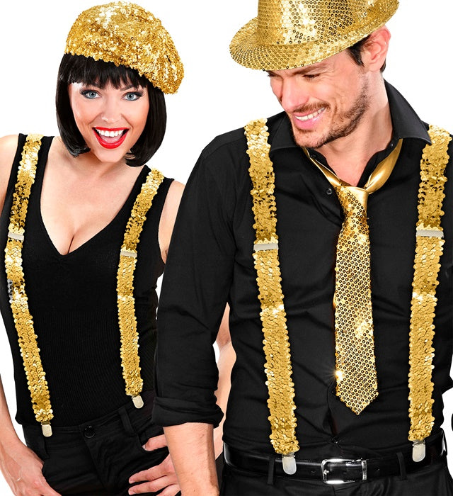 Goldene Paillettenhosenträger als funkelndes Accessoire für Fasnachtskostüme