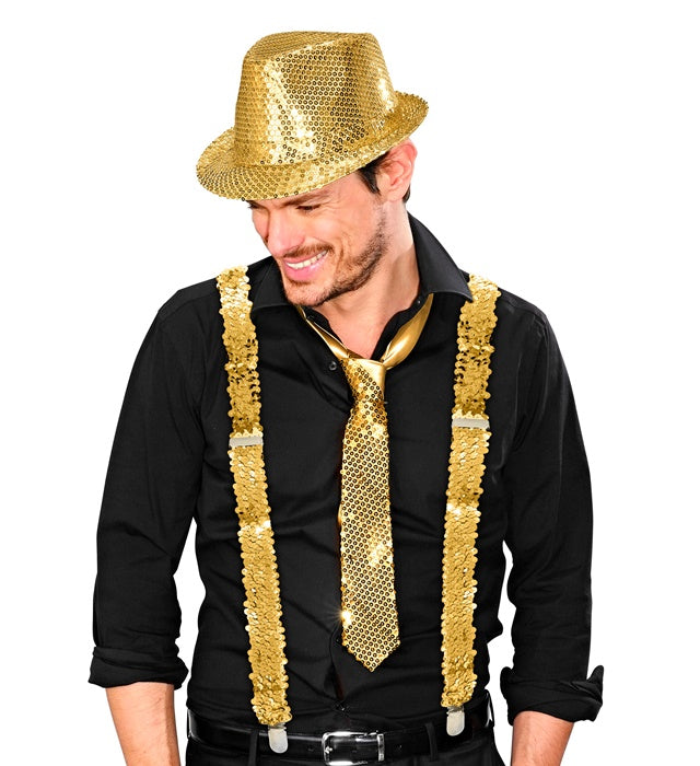 Goldene Paillettenhosenträger als funkelndes Accessoire für Fasnachtskostüme